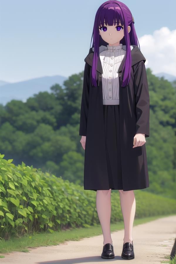 fern, <lora:fern-lora-nochekaiser:1>,fern, long hair, bangs, (purple eyes:1.1), purple hair, sidelocks, blunt bangs, bright pupils, half updo,BREAK shirt, dress, jacket, white shirt, open clothes, hood, white dress, hood down,BREAK looking at viewer, upper body, (full body:1.2),BREAK outdoors, sky, nature,BREAK <lyco:GoodHands-beta2:1>, (masterpiece:1.2), best quality, high resolution, unity 8k wallpaper, (illustration:0.8), (beautiful detailed eyes:1.6), extremely detailed face, perfect lighting, extremely detailed CG, (perfect hands, perfect anatomy), 