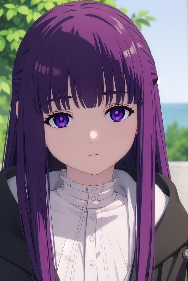 fern, <lora:fern-lora-nochekaiser:1>,fern, long hair, bangs, (purple eyes:1.1), purple hair, sidelocks, blunt bangs, bright pupils, half updo,BREAK shirt, dress, jacket, white shirt, open clothes, hood, white dress, hood down,BREAK looking at viewer, upper body, (full body:1.2),BREAK outdoors, sky, nature,BREAK <lyco:GoodHands-beta2:1>, (masterpiece:1.2), best quality, high resolution, unity 8k wallpaper, (illustration:0.8), (beautiful detailed eyes:1.6), extremely detailed face, perfect lighting, extremely detailed CG, (perfect hands, perfect anatomy), 