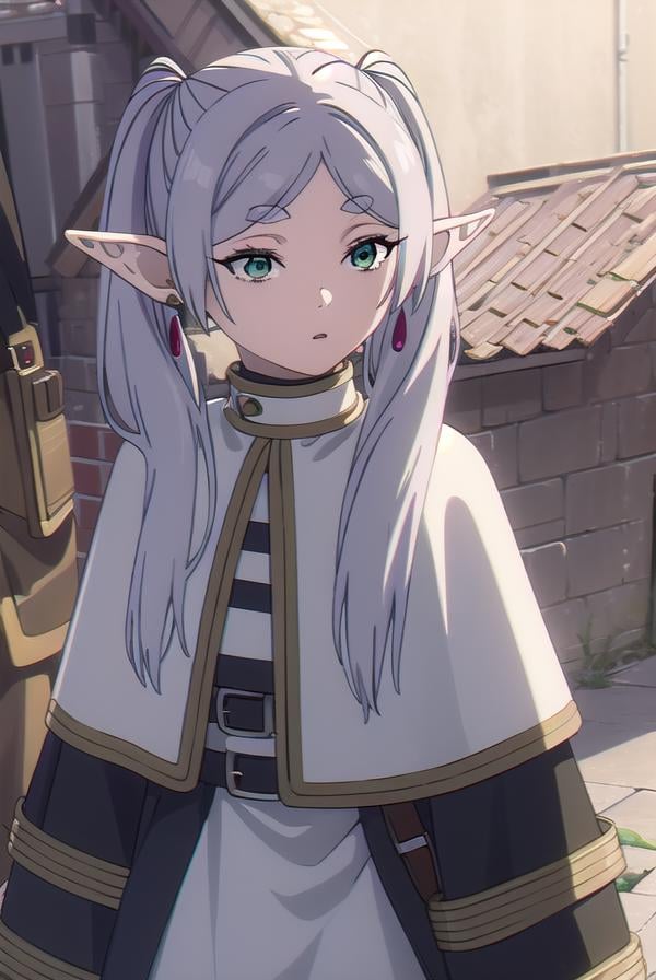 frieren, <lyco:frieren-lyco-nochekaiser:1>,frieren, long hair, twintails, (green eyes:1.5), grey hair, pointy ears, elf,BREAK shirt, long sleeves, jewelry, pantyhose, earrings, striped, black pantyhose, capelet, striped shirt,BREAK looking at viewer, upper body, full body,BREAK outdoors, sky, nature,BREAK <lyco:GoodHands-beta2:1>, (masterpiece:1.2), best quality, high resolution, unity 8k wallpaper, (illustration:0.8), (beautiful detailed eyes:1.6), extremely detailed face, perfect lighting, extremely detailed CG, (perfect hands, perfect anatomy),