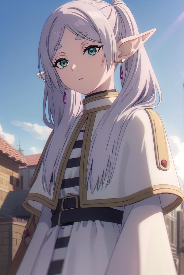 frieren, <lyco:frieren-lyco-nochekaiser:1>,frieren, long hair, twintails, (green eyes:1.5), grey hair, pointy ears, elf,BREAK shirt, long sleeves, jewelry, pantyhose, earrings, striped, black pantyhose, capelet, striped shirt,BREAK looking at viewer, upper body, full body,BREAK outdoors, sky, nature,BREAK <lyco:GoodHands-beta2:1>, (masterpiece:1.2), best quality, high resolution, unity 8k wallpaper, (illustration:0.8), (beautiful detailed eyes:1.6), extremely detailed face, perfect lighting, extremely detailed CG, (perfect hands, perfect anatomy),