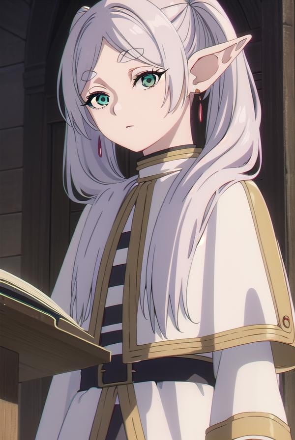 frieren, <lyco:frieren-lyco-nochekaiser:1>,frieren, long hair, twintails, (green eyes:1.5), grey hair, pointy ears, elf,BREAK shirt, long sleeves, jewelry, pantyhose, earrings, striped, black pantyhose, capelet, striped shirt,BREAK looking at viewer, upper body, full body,BREAK outdoors, sky, nature,BREAK <lyco:GoodHands-beta2:1>, (masterpiece:1.2), best quality, high resolution, unity 8k wallpaper, (illustration:0.8), (beautiful detailed eyes:1.6), extremely detailed face, perfect lighting, extremely detailed CG, (perfect hands, perfect anatomy),