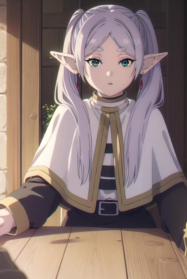 frieren, <lyco:frieren-lyco-nochekaiser:1>,frieren, long hair, twintails, (green eyes:1.5), grey hair, pointy ears, elf,BREAK shirt, long sleeves, jewelry, pantyhose, earrings, striped, black pantyhose, capelet, striped shirt,BREAK looking at viewer, upper body, full body,BREAK outdoors, sky, nature,BREAK <lyco:GoodHands-beta2:1>, (masterpiece:1.2), best quality, high resolution, unity 8k wallpaper, (illustration:0.8), (beautiful detailed eyes:1.6), extremely detailed face, perfect lighting, extremely detailed CG, (perfect hands, perfect anatomy),