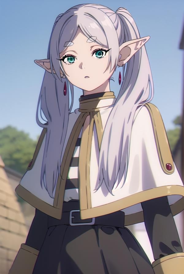 frieren, <lyco:frieren-lyco-nochekaiser:1>,frieren, long hair, twintails, (green eyes:1.5), grey hair, pointy ears, elf,BREAK shirt, long sleeves, jewelry, pantyhose, earrings, striped, black pantyhose, capelet, striped shirt,BREAK looking at viewer, upper body, full body,BREAK outdoors, sky, nature,BREAK <lyco:GoodHands-beta2:1>, (masterpiece:1.2), best quality, high resolution, unity 8k wallpaper, (illustration:0.8), (beautiful detailed eyes:1.6), extremely detailed face, perfect lighting, extremely detailed CG, (perfect hands, perfect anatomy),