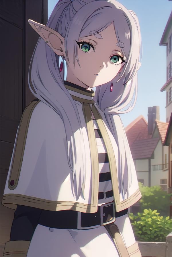 frieren, <lyco:frieren-lyco-nochekaiser:1>,frieren, long hair, twintails, (green eyes:1.5), grey hair, pointy ears, elf,BREAK shirt, long sleeves, jewelry, pantyhose, earrings, striped, black pantyhose, capelet, striped shirt,BREAK looking at viewer, upper body, full body,BREAK outdoors, sky, nature,BREAK <lyco:GoodHands-beta2:1>, (masterpiece:1.2), best quality, high resolution, unity 8k wallpaper, (illustration:0.8), (beautiful detailed eyes:1.6), extremely detailed face, perfect lighting, extremely detailed CG, (perfect hands, perfect anatomy),