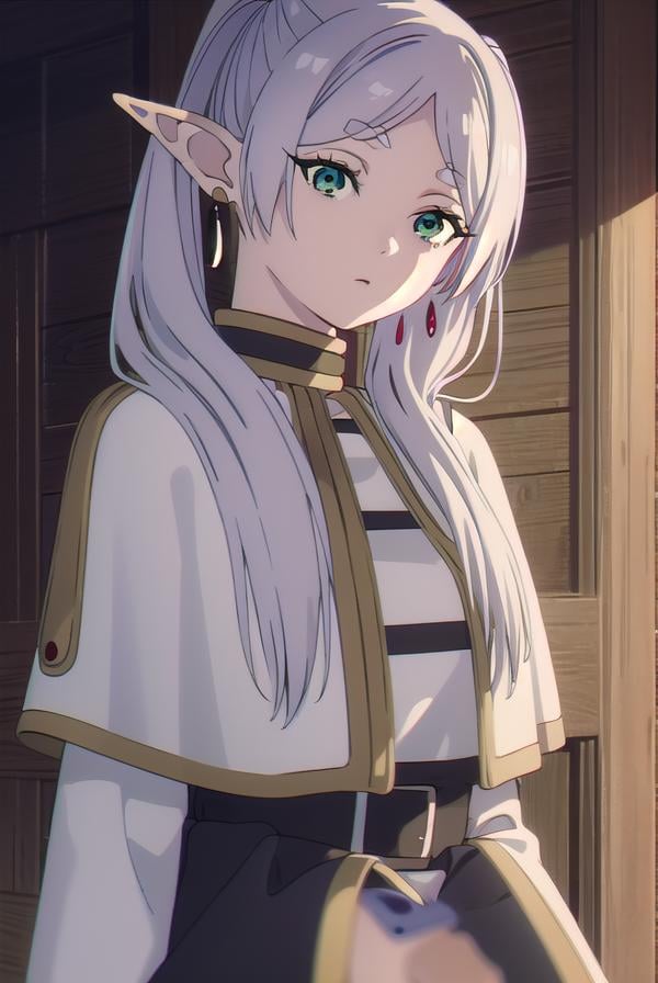 frieren, <lyco:frieren-lyco-nochekaiser:1>,frieren, long hair, twintails, (green eyes:1.5), grey hair, pointy ears, elf,BREAK shirt, long sleeves, jewelry, pantyhose, earrings, striped, black pantyhose, capelet, striped shirt,BREAK looking at viewer, upper body, full body,BREAK outdoors, sky, nature,BREAK <lyco:GoodHands-beta2:1>, (masterpiece:1.2), best quality, high resolution, unity 8k wallpaper, (illustration:0.8), (beautiful detailed eyes:1.6), extremely detailed face, perfect lighting, extremely detailed CG, (perfect hands, perfect anatomy),