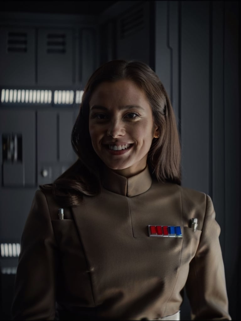 young woman with long hair in imperialofficer uniform smiling ,in a interrogation room, 8k uhd, dslr, soft lighting, high quality, film grain,masterpiece quality,Fujifilm 