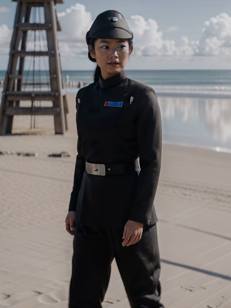 asian girl in imperialofficer uniform ,on a beach, 8k uhd, dslr, soft lighting, high quality, film grain,masterpiece quality,Fujifilm 