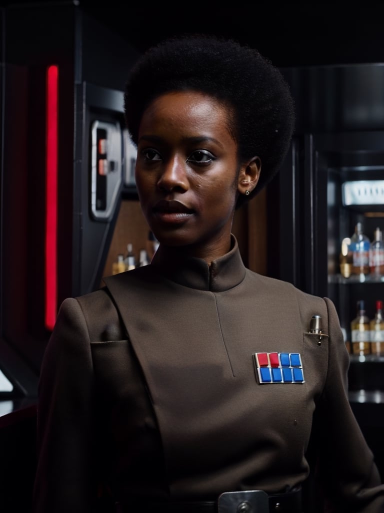 young woman with a afro in imperialofficer uniform ,in a bar, 8k uhd, dslr, soft lighting, high quality, film grain,masterpiece quality,Fujifilm 