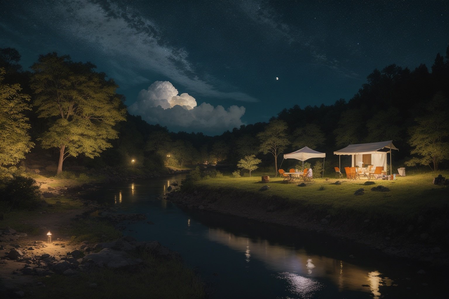 , (((masterpiece,best quality))), outdoors,night,moon,cloud,river,flowers,camping,city at far,   