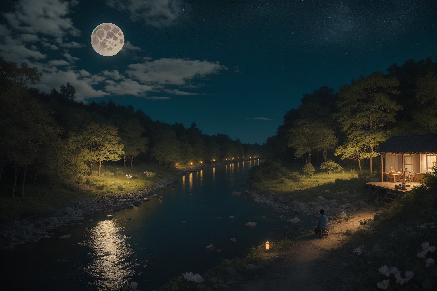 , (((masterpiece,best quality))), outdoors,night,moon,cloud,river,flowers,camping,city at far,   