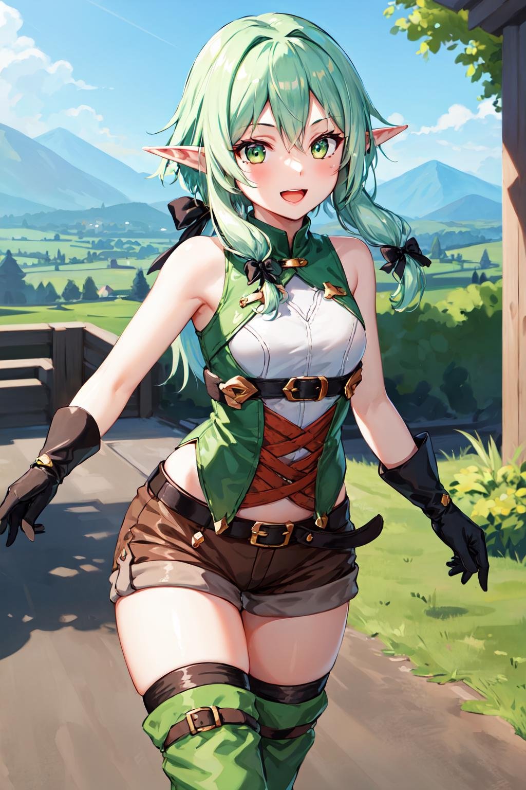 masterpiece, best quality, highres, 1girl, elf, pointy ears, green hair, long hair, sidelocks, hair bow, green eyes, small breasts, sleeveless, black gloves, brown shorts, green thighhighs, short shorts, belt, <lora:high_elf_archer_v1:0.6>, town, fantasy, walking, cowboy shot, smile, open mouth