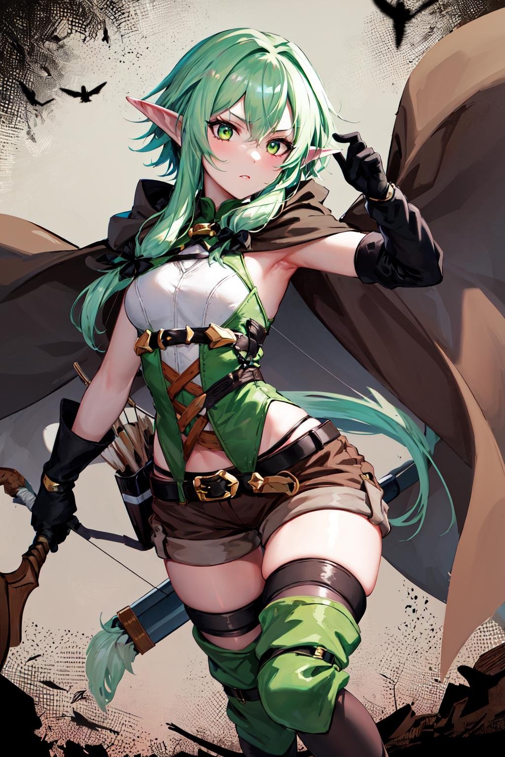 masterpiece, best quality, highres, 1girl, elf, pointy ears, green hair, long hair, sidelocks, hair bow, small breasts, cloak, green eyes, black gloves, brown shorts, green thighhighs, short shorts, belt, <lora:high_elf_archer_v1:0.6>, holding weapon, bow \(weapon\), arrow \(projectile\), 