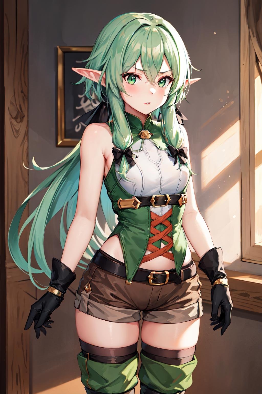 masterpiece, best quality, highres, 1girl, elf, pointy ears, green hair, long hair, sidelocks, hair bow, green eyes, small breasts, sleeveless, black gloves, brown shorts, green thighhighs, short shorts, belt, <lora:high_elf_archer_v1:0.6>, cowboy shot, standing, indoors