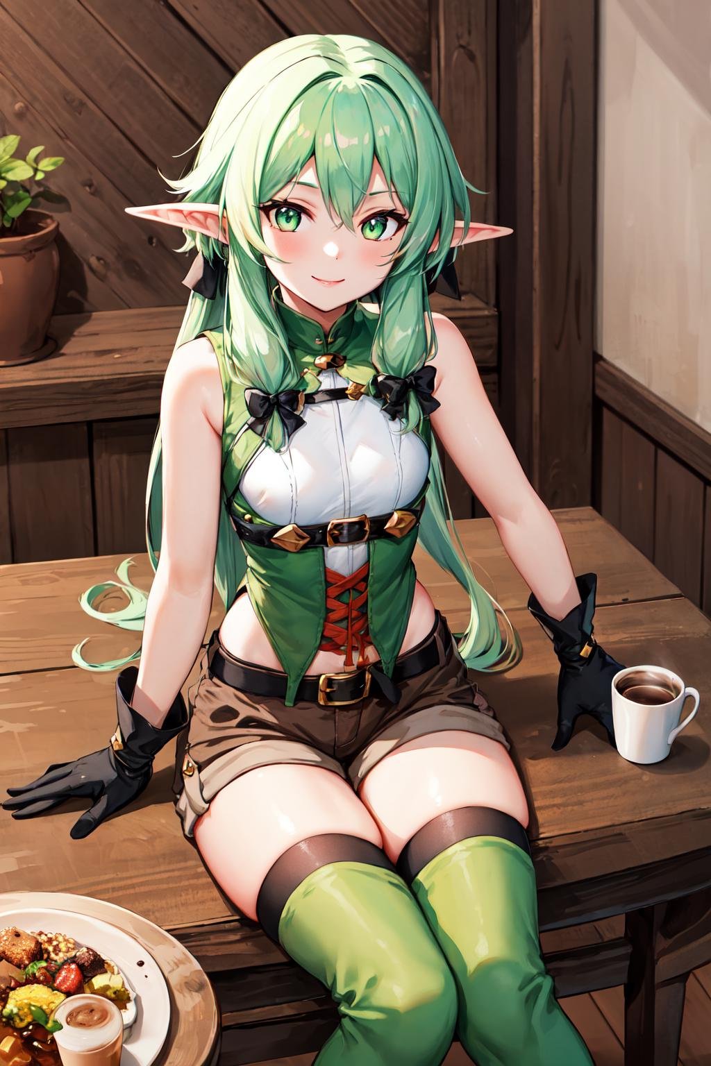 masterpiece, best quality, highres, 1girl, elf, pointy ears, green hair, long hair, sidelocks, hair bow, green eyes, small breasts, sleeveless, black gloves, brown shorts, green thighhighs, short shorts, belt, <lora:high_elf_archer_v1:0.6>, smile, sitting, cup, coffee, table,