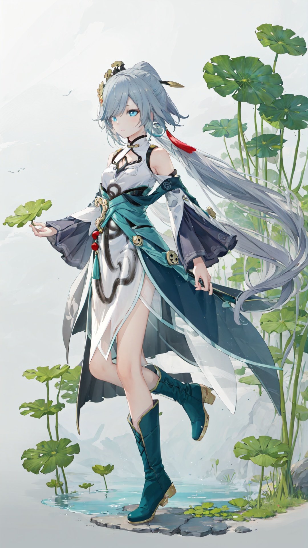 flower,gradient,gradient_background,lily_\(flower\),lotus,1girl,solo,lily_pad,grey_background,pink_flower,long_hair,
yunmo, 1girl, fu hua, hair over one eye, chinese clothes, blue eyes, very long hair, china dress, boots, dress, hair ornament, bare shoulders, bangs, ponytail,yunmo