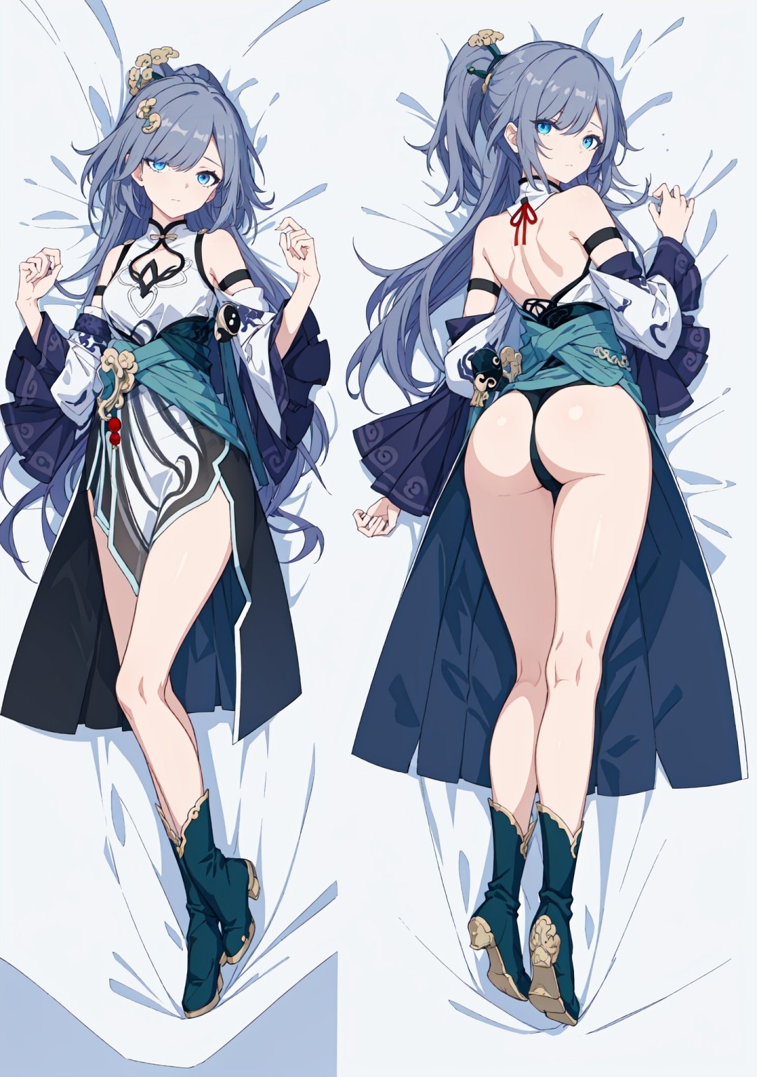 (8k, best quality, masterpiece), ultra-detailed, (high detailed skin), , 2girls, dakimakura, double views, white bed sheet, (on back:1.2), (ass,looking back:1.1),top-down bottom-up on right view, 
/////////////////////////////
sfw,clothed,silver_hair,
\\\\\\\\\\\\\\\\\\\\\\\\\\\\\\\
yunmo, 1girl, fu hua, hair over one eye, chinese clothes, blue eyes, very long hair, china dress, boots, dress, hair ornament, bare shoulders, bangs, ponytail,
\\\\\\\\\\\\\\\\\\\\\\\\\\\\\\\\\
(beautiful_face), ((intricate_detail)), ((finely_detailed)), fine_fabric_emphasis, ((glossy)),geji,yunmo