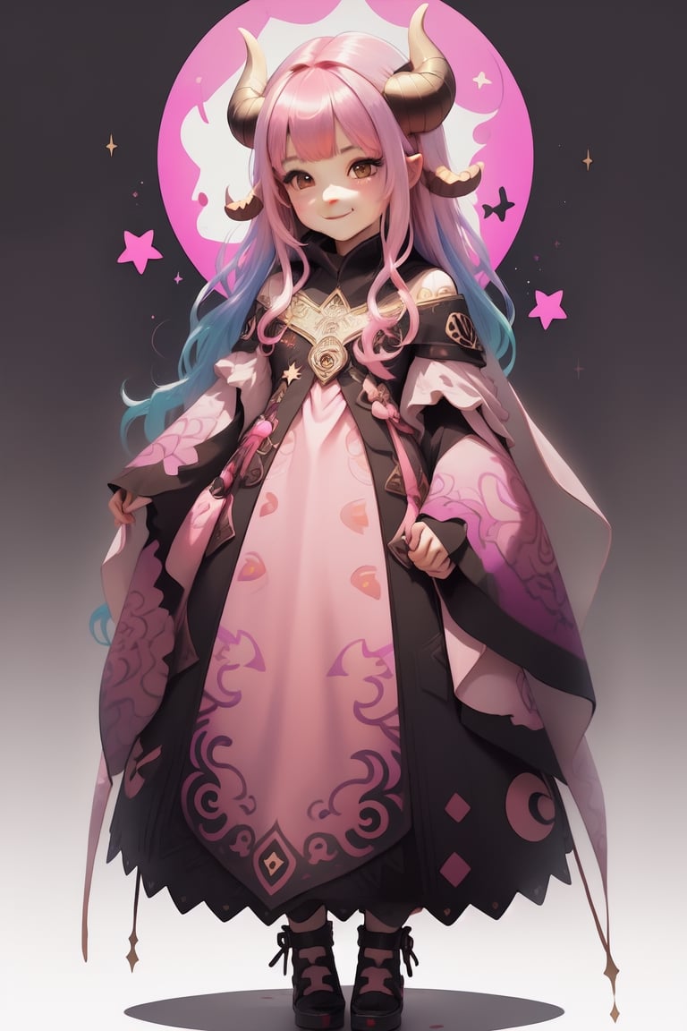 masterpiece, best quality, 8k, cinematic light, ultra high res, chibi, 1girl, child, pink hair, multicolored hair, long hair, solo, dress, star hair ornament, horns, blue hair, star \, (symbol\), bangs, gradient hair, artist name, gradient, smile, closed mouth, full body, pink background, gradient background