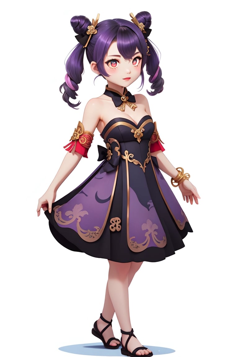 masterpiece, best quality, 8k, cinematic light, ultra high res, chibi, 1girl, full body, standing, keqing (opulent splendor) (genshin impact), keqing (genshin impact), official alternate costume, dress, cone hair bun, strapless dress, long hair, cleavage, black dress, hair bun, strapless, bare shoulders, purple hair, bangs, detached collar, purple eyes, diamond-shaped pupils, ribbon, double bun, twintails, two-tone dress, medium breasts, hair ornament, black bow, hair ribbon, blue dress, bowtie, hair between eyes,