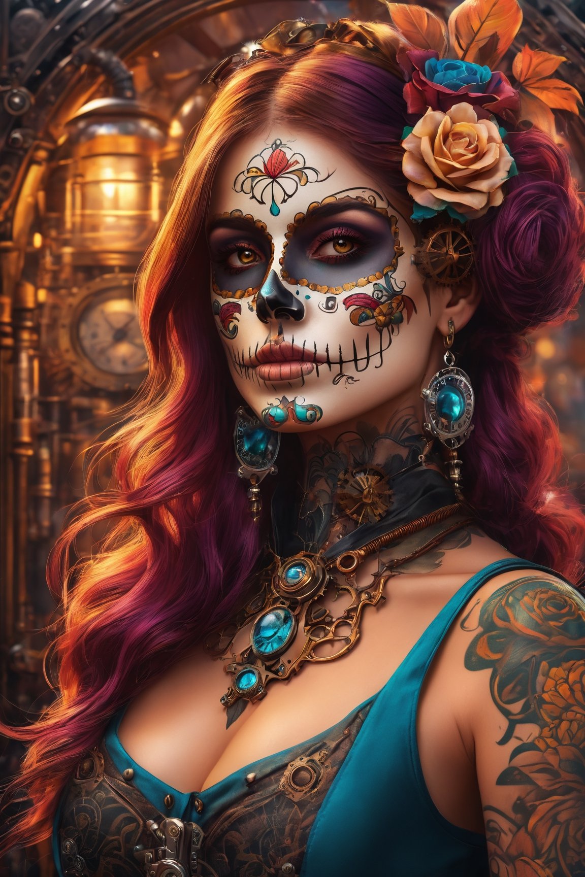Realistic 8K illustration, (Sugar skull, steampunk:1.4), Woman with tattoo sleeves, Cinematic dynamic viewing angle, Beautiful and captivating, Intricate details and vibrant colors.