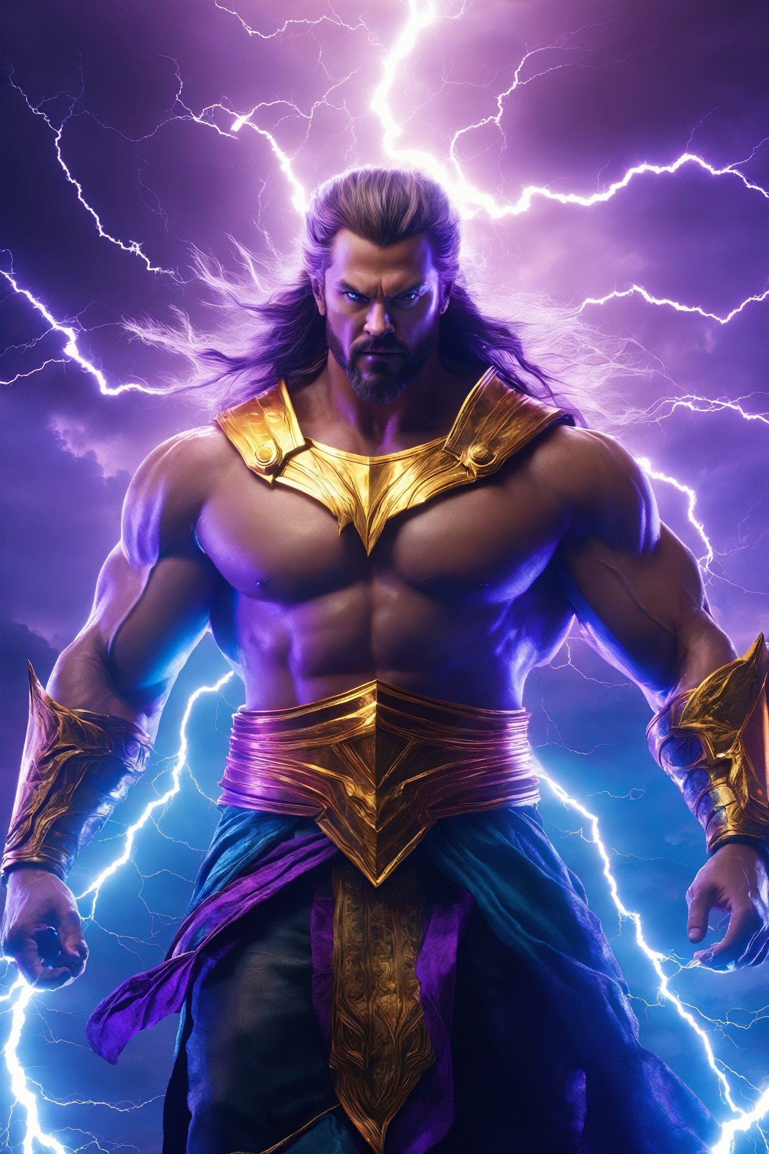 (best quality, UHD, ultra-detailed, masterpiece), (ultra-realistic, photorealistic), A breathtaking UHD portrait depicting the imposing Thunder God, his electrifying lightning strikes illuminating the sky in vibrant violet and cyan hues. Rendered with the precision of the Luminous Studio graphics engine and the brilliance of Octane render, the scene is enveloped in a cloudy haze, with fiery embers dancing around his thunderous crown.