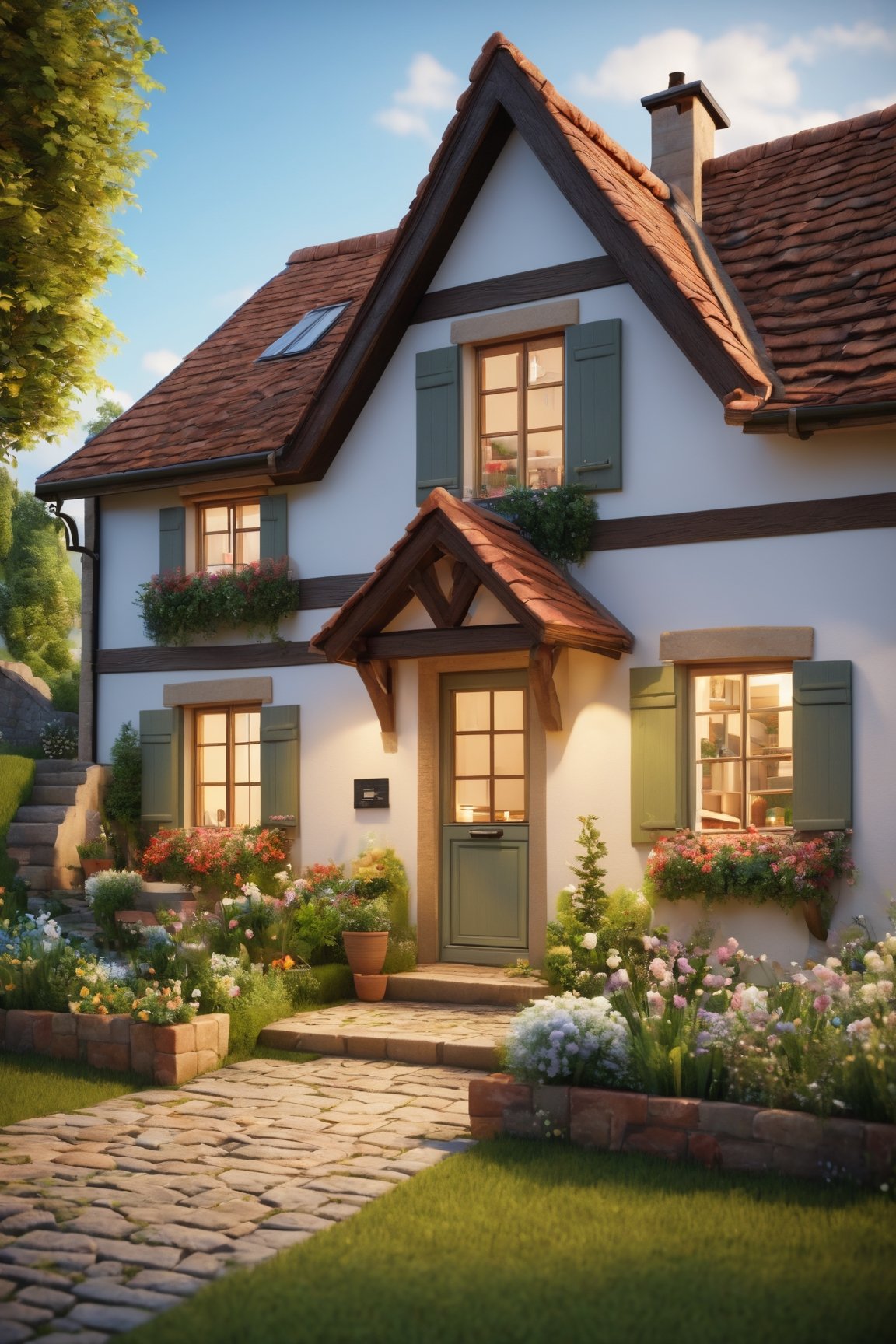 Inviting 3D render, depicting a cozy house nestled in a quaint village setting. The house exudes warmth and comfort, with a charming exterior and well-tended garden. Surrounding houses and village scenery add to the picturesque atmosphere, enhancing the sense of community. Every architectural detail is carefully crafted to evoke a feeling of homeliness and tranquility