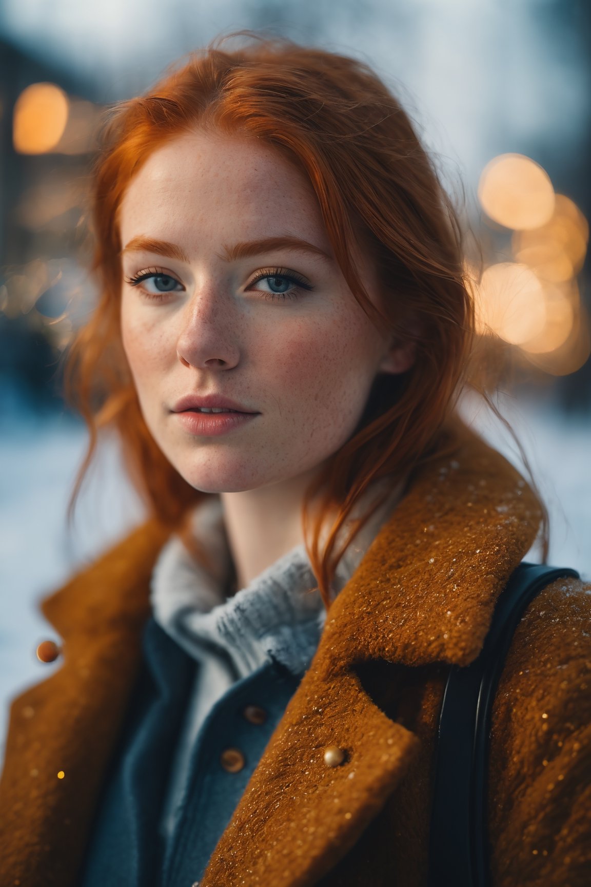 cinematic photo (art by Mathias Goeritz:0.9) , photograph, Lush Girlfriend, Tax collector, Rich ginger hair, Winter, tilt shift, Horror, specular lighting, film grain, Samsung Galaxy, F/5, (cinematic still:1.2), freckles . 35mm photograph, film, bokeh, professional, 4k, highly detailed