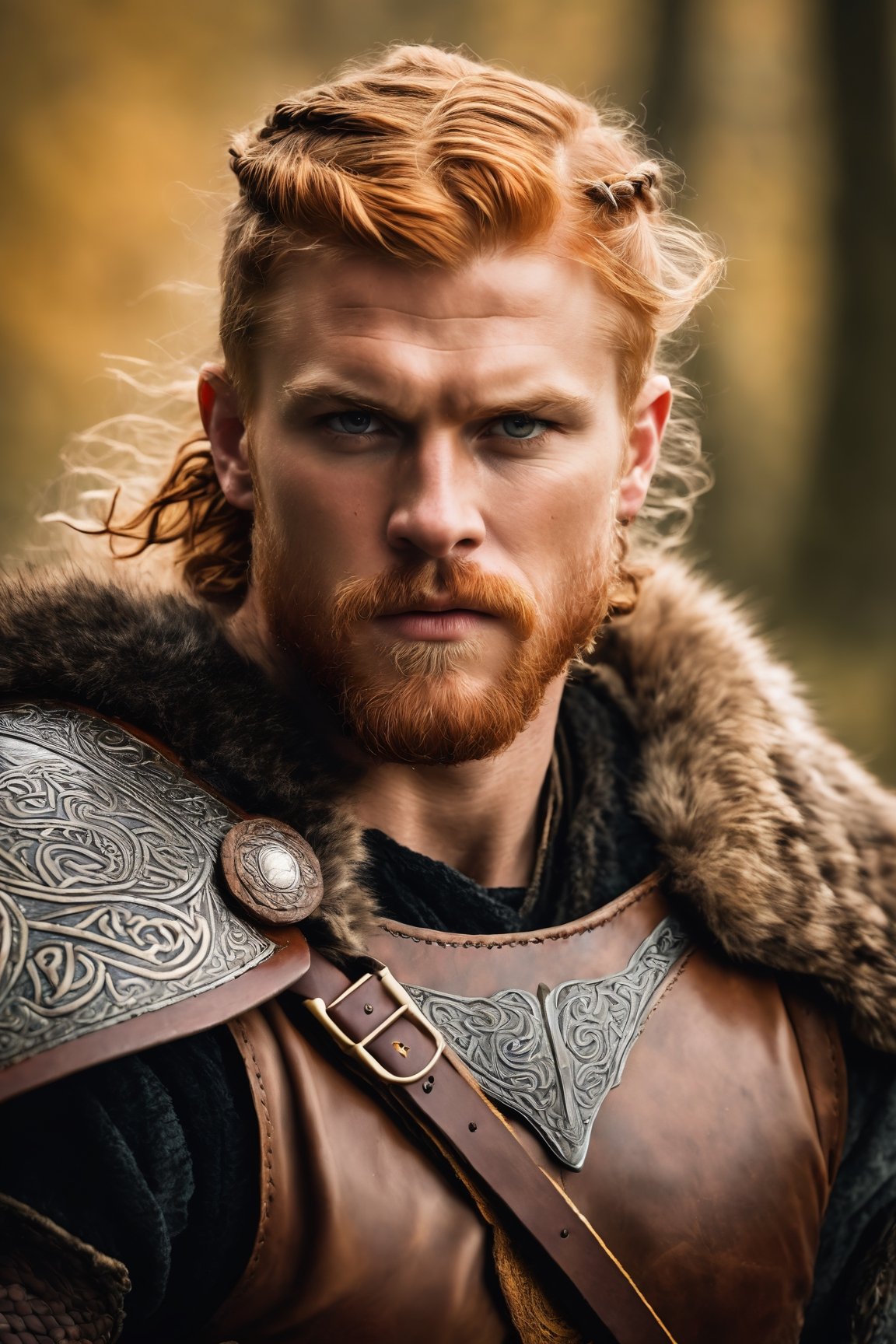 (Portrait of a fierce and fearsome Celtic warrior in battle), (action shot photo), (portrait), (fearsome), (furs coat), (ginger curl short hair), (holding an arrowbow), (silver eyes), (serious face, angry, mad), (Epic hero), (Symmetric), (Cinematic, vikings series style), (photorealistic fantasy art), (cinematic, realistic), (inspirational image), (digital art), (viking armor), (amber tone), (vikings mythology), (ambient lighting), (bokeh).