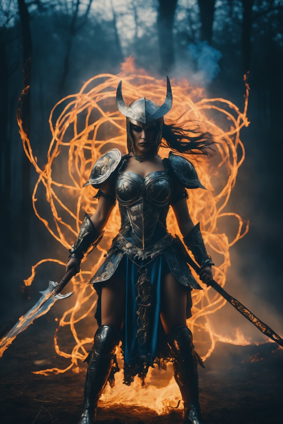 (ethereal and artistic:1.3), (metal maiden chaos warrior:1.2), Immerse yourself in an ethereal and artistic composition featuring a metal maiden chaos warrior akin to Superman, surrounded by fiery strings and skulls. The medium photography style combines dark vignetting, light leaks, and a gloomy, painterly atmosphere. Shot with a cracked lens on cyanotype, this 8K image boasts intricate detail and a whimsical, dreamy, and nostalgic feel, perfect for a unique and artistic portrayal.