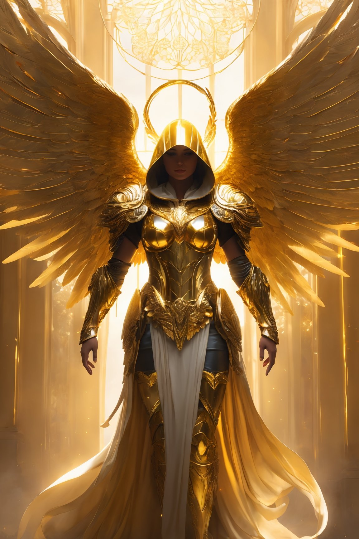 (golden armored angel,wings made of energy,metal halo,faceless,hooded,concept art),(ultra-realistic,character art by Greg Rutkowski),(gold,fantasy),(metallic texture),(ethereal glow),(mysterious lighting),(detailed feathers),(regal pose),(floating in air),(magical atmosphere),(dynamic composition),(subtle color palette),(epic),(no background),(detail focused),(high resolution:1.2),(captivating),(intricate design),(emblem on chest),(ethereal),(angelic),(striking contrast),(ornate),(heavenly),(grandeur),(elaborate wing structure)