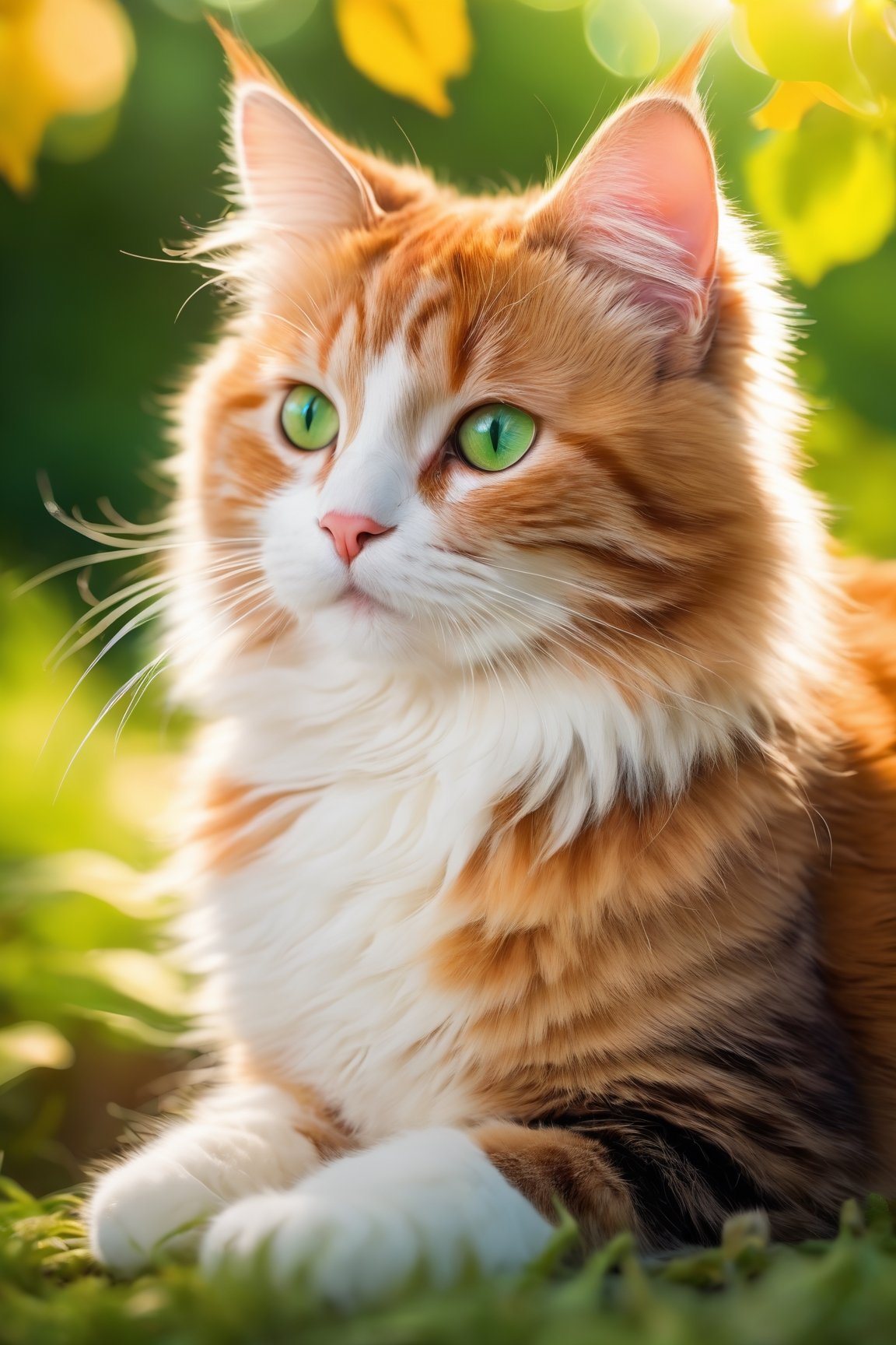 A cute cat,fluffy fur,adorable active eyes,playful paws,cosy sleeping spot,soft whiskers,beautiful patterned coat,bright and expressive eyes,curious and playful nature,smooth and sleek body,graceful and agile movements,[cat toys],[green garden background],[colorful sunlight filtering through the trees],[vibrant and cheerful atmosphere],(best quality,ultra-detailed),[soft lighting],realistic colors, [bokeh]