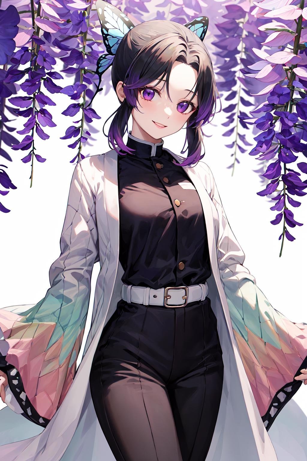 masterpiece, best quality, highres, 1girl, solo, kochou shinobu, butterfly hair ornament, purple eyes, multicolored hair, short hair, parted bangs, haori, wide sleeves, long sleeves, black pants, black jacket, belt, <lora:kochou_shinobu_v1.2:0.9>, cowboy shot, smile, standing, purple flower, white background,