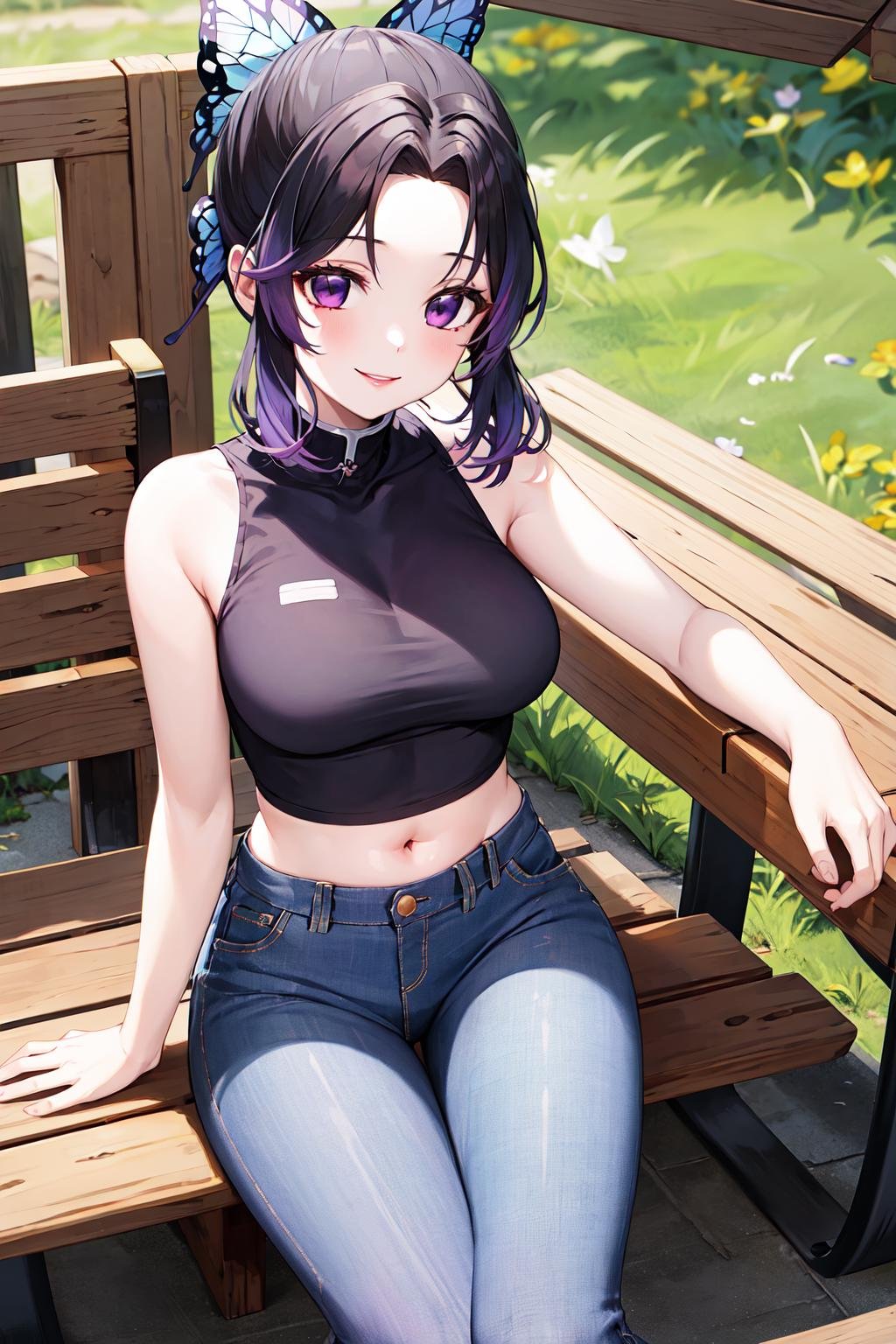 masterpiece, best quality, highres, 1girl, solo, kochou shinobu, butterfly hair ornament, purple eyes, multicolored hair, short hair, parted bangs, jeans, crop top, turtleneck, navel, <lora:kochou_shinobu_v1.2:0.9>, sitting, bench, outdoors, smile,