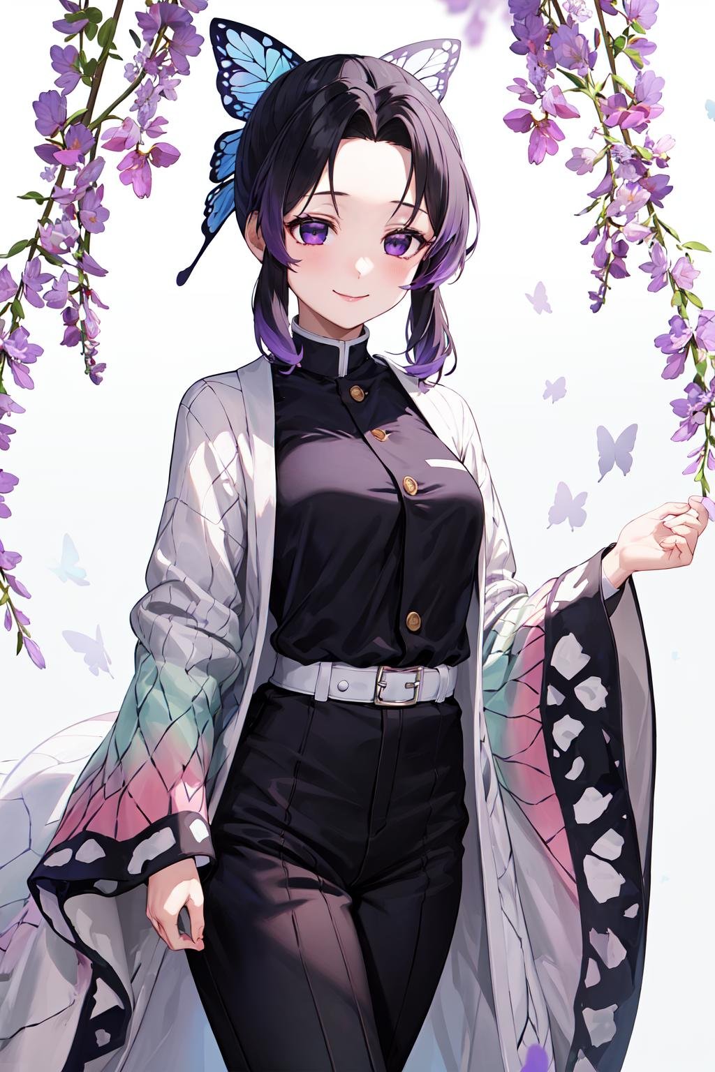 masterpiece, best quality, highres, 1girl, solo, kochou shinobu, butterfly hair ornament, purple eyes, multicolored hair, short hair, parted bangs, haori, long sleeeves, wide sleeves, black pants, black jacket, belt, <lora:kochou_shinobu_v1.2:0.9>, cowboy shot, smile, standing, purple flower, white background,