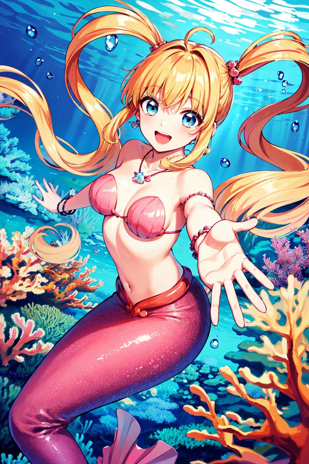 masterpiece, best quality, highres, hmnl, twintails, blue eyes, long hair, ahoge, hair ornament, jewelry, pink mermaid, shell bikini, bracelet, earrings, shell necklace, <lora:nanami_lucia_v1:0.7>, underwater, ocean, smile, cowboy shot, reaching out, open mouth, fish, coral