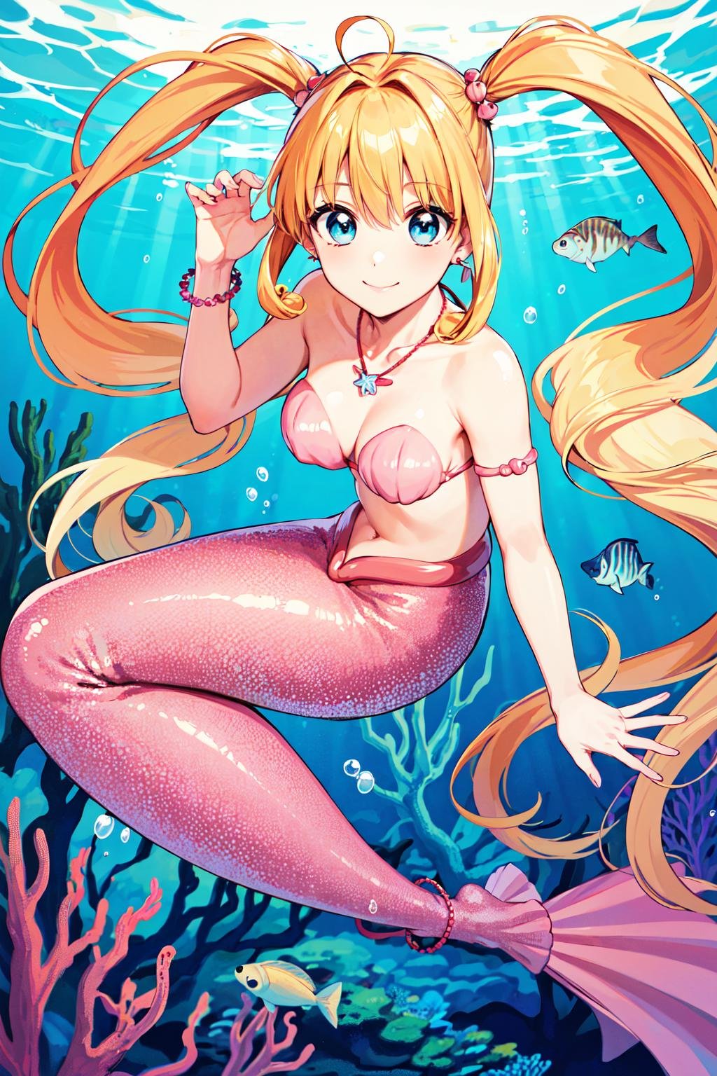 masterpiece, best quality, highres, hmnl, twintails, blue eyes, long hair, ahoge, hair ornament, jewelry, pink mermaid, shell bikini, bracelet, earrings, shell necklace, <lora:nanami_lucia_v1:0.7>, underwater, ocean, smile,
