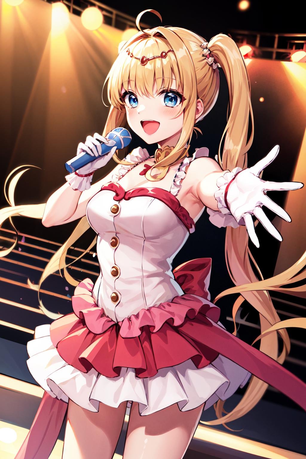 masterpiece, best quality, highres, hmnl, twintails, tiara, blue eyes, long hair, ahoge, hair ornament, idol, dress, gloves, <lora:nanami_lucia_v1:0.7>, standing, cowboy shot, smile, holding microphone, open mouth, stage, reaching out,
