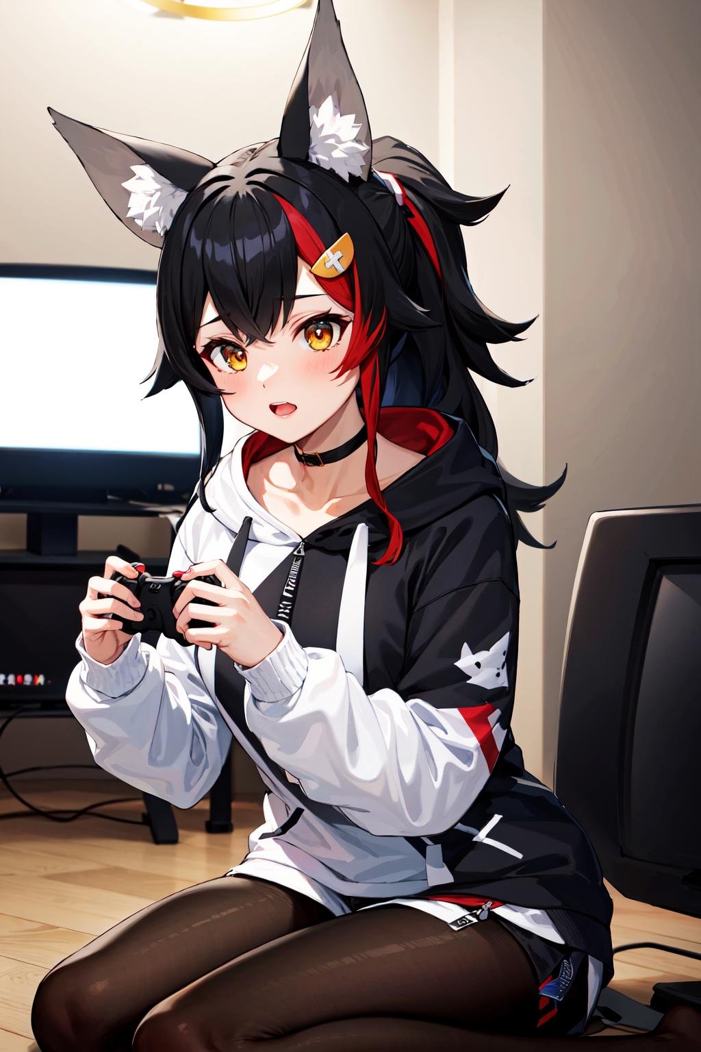 masterpiece, best quality, highres, miosha1, hair ornament, ponytail, wolf tail, black choker, hood, black hoodie, white hoodie, paw print, black shorts, black pantyhose, <lora:ookami_mio_v1:0.8>, sitting, riving room, gamepad, television, playing games, 