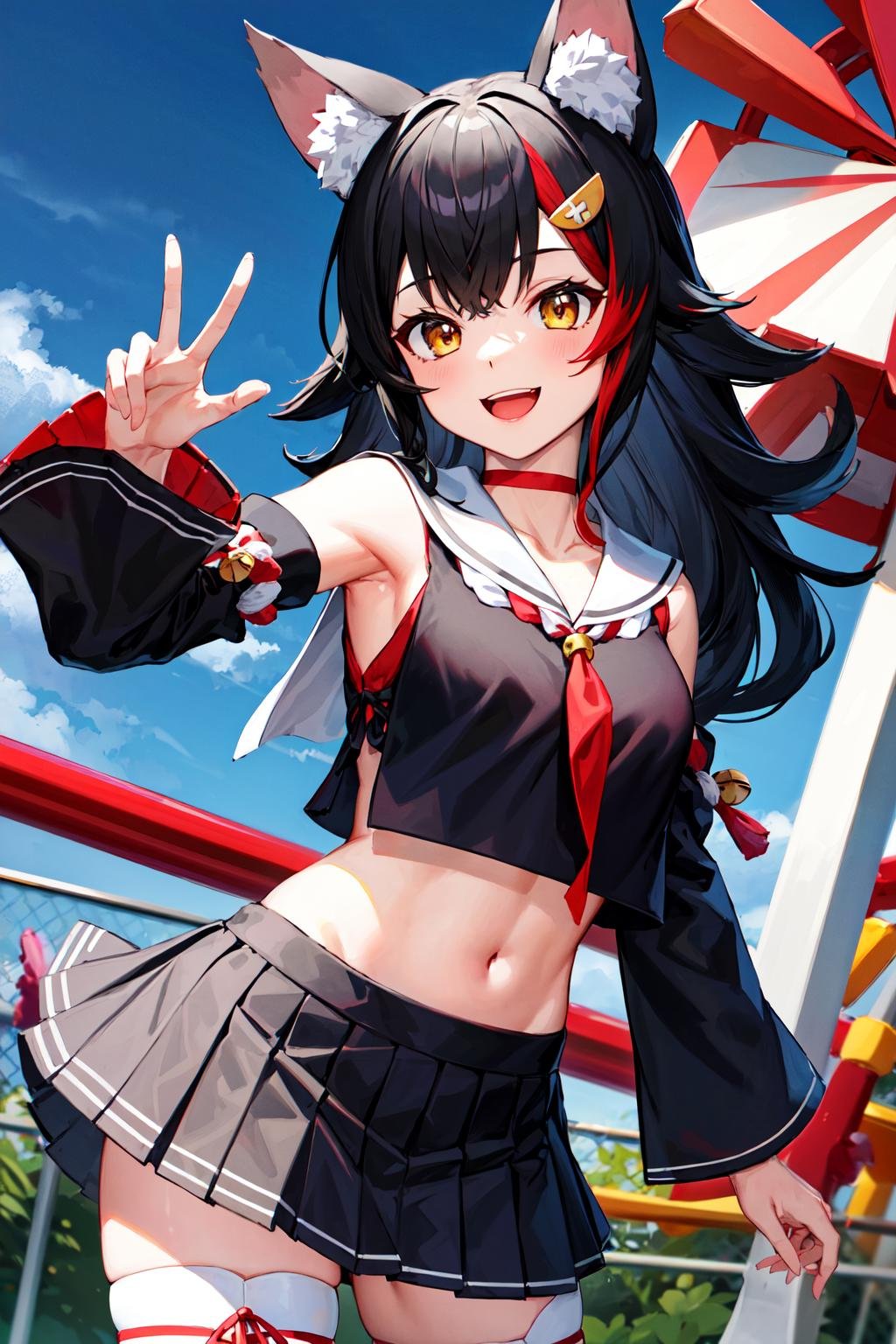 masterpiece, best quality, highres, miosha1, hair ornament, wolf tail, red choker, black shirt, sailor collar, detached sleeves, black skirt, pleated skirt, white thighhighs, midriff, bell, rope, <lora:ookami_mio_v1:0.8>, peace sign, cowboy shot, standing, amusement park, smile, open mouth, 