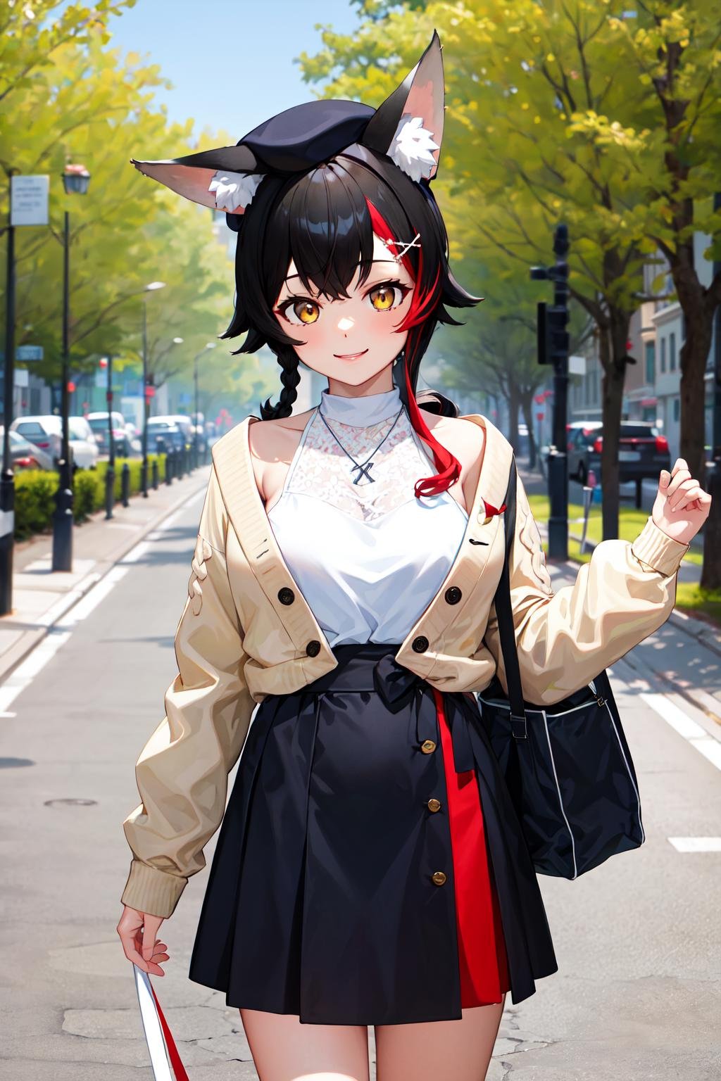 masterpiece, best quality, highres, miosha1, hairclip, side braid, ponytail, hat, beret, wolf tail, breasts, high-waist skirt, black skirt, white shirt, necklace, sleeveless shirt, brown cardigan, <lora:ookami_mio_v1:0.8>, cowboy shot, standing, outdoors, looking at viewer, smile