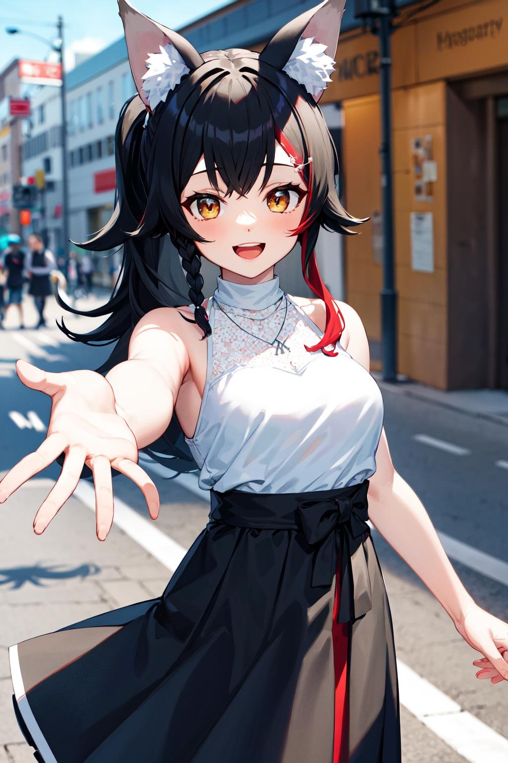 masterpiece, best quality, highres, miosha1, hairclip, side braid, ponytail, wolf tail, breasts, high-waist skirt, black skirt, white shirt, necklace, sleeveless shirt, <lora:ookami_mio_v1:0.8>, cowboy shot, standing, street, reaching out, smile, open mouth, 