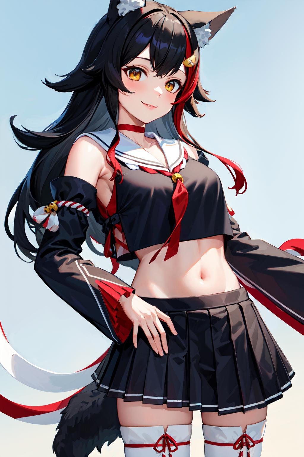 masterpiece, best quality, highres, miosha1, hair ornament, wolf tail, red choker, black shirt, sailor collar, detached sleeves, black skirt, pleated skirt, white thighhighs, midriff, bell, rope, <lora:ookami_mio_v1:0.8>, cowboy shot, standing, outdoors, smile,