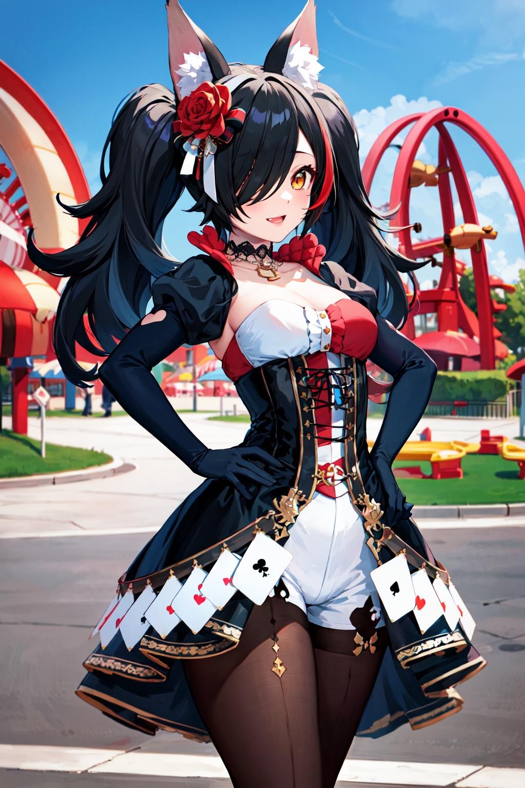 masterpiece, best quality, highres, miosha1, hair flower, twintails, hair over one eye, wolf tail, elbow gloves, playing card, pantyhose, puffy sleeves, corset, choker, two-tone dress, <lora:ookami_mio_v1:0.8>, outdoors, walking, amusement park, hands on hips, 