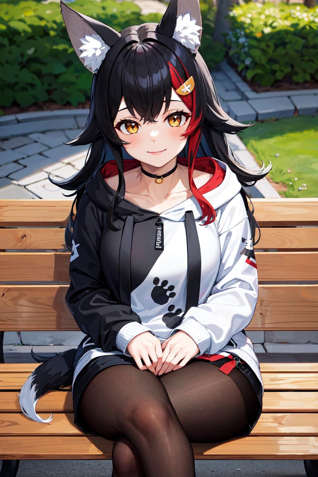 masterpiece, best quality, highres, miosha1, hair ornament, wolf tail, black choker, hood, black hoodie, white hoodie, paw print, black shorts, black pantyhose, <lora:ookami_mio_v1:0.8>, sitting,  crossed legs, smile, park, bench