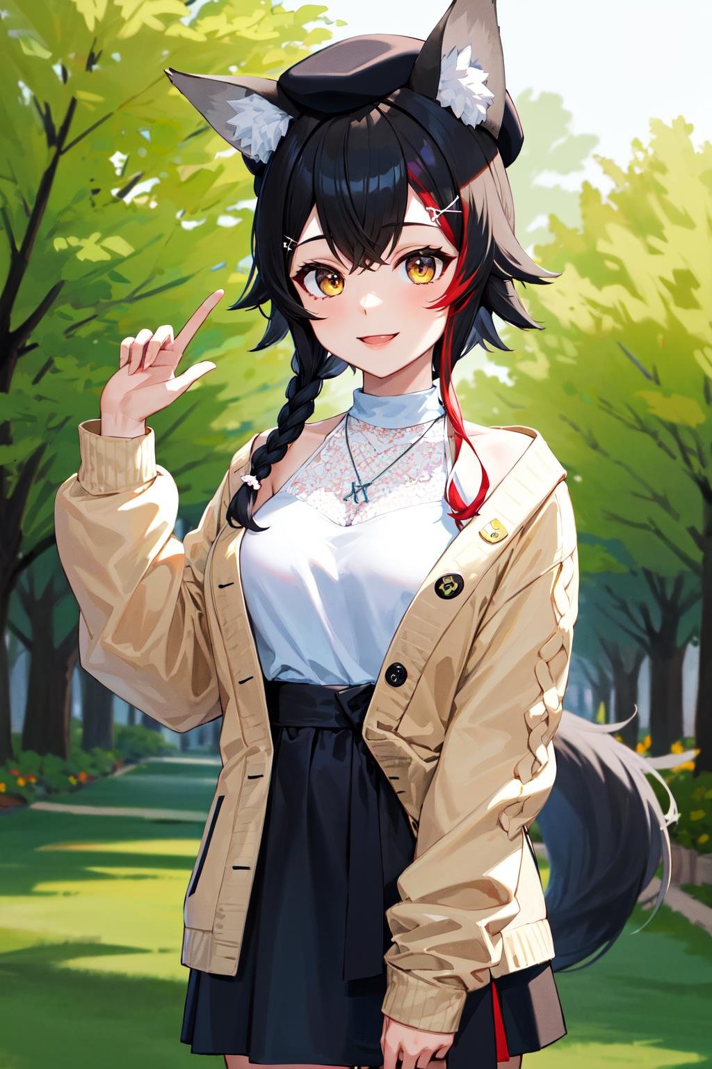 masterpiece, best quality, highres, miosha1, hairclip, side braid, ponytail, hat, beret, wolf tail, breasts, high-waist skirt, black skirt, white shirt, necklace, sleeveless shirt, brown cardigan, <lora:ookami_mio_v1:0.8>, cowboy shot, standing, outdoors, looking at viewer, smile