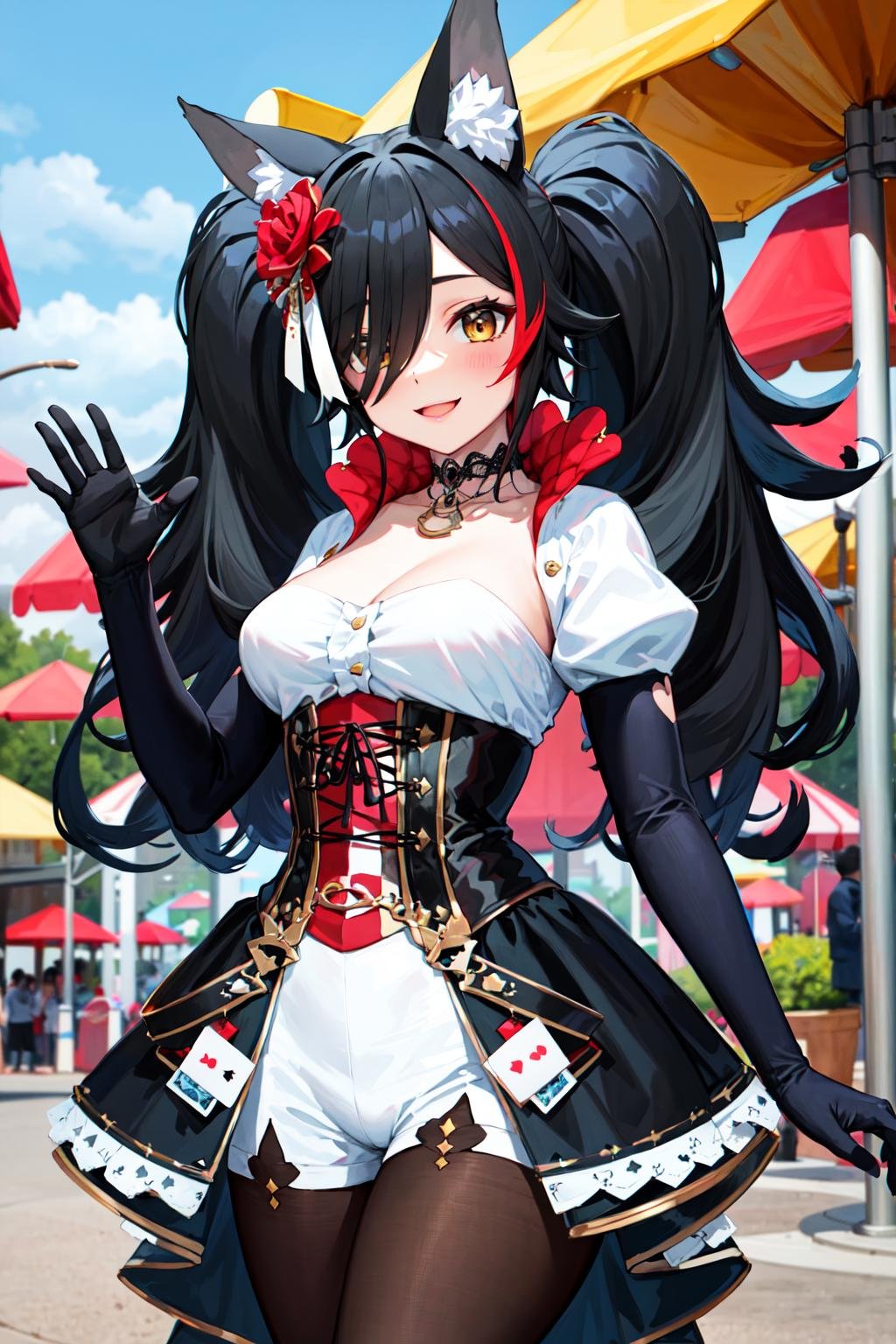 masterpiece, best quality, highres, miosha1, hair flower, twintails, hair over one eye, wolf tail, elbow gloves, playing card, pantyhose, puffy sleeves, corset, choker, two-tone dress, <lora:ookami_mio_v1:0.8>, outdoors, walking, amusement park, cowboy shot, smile, waving,