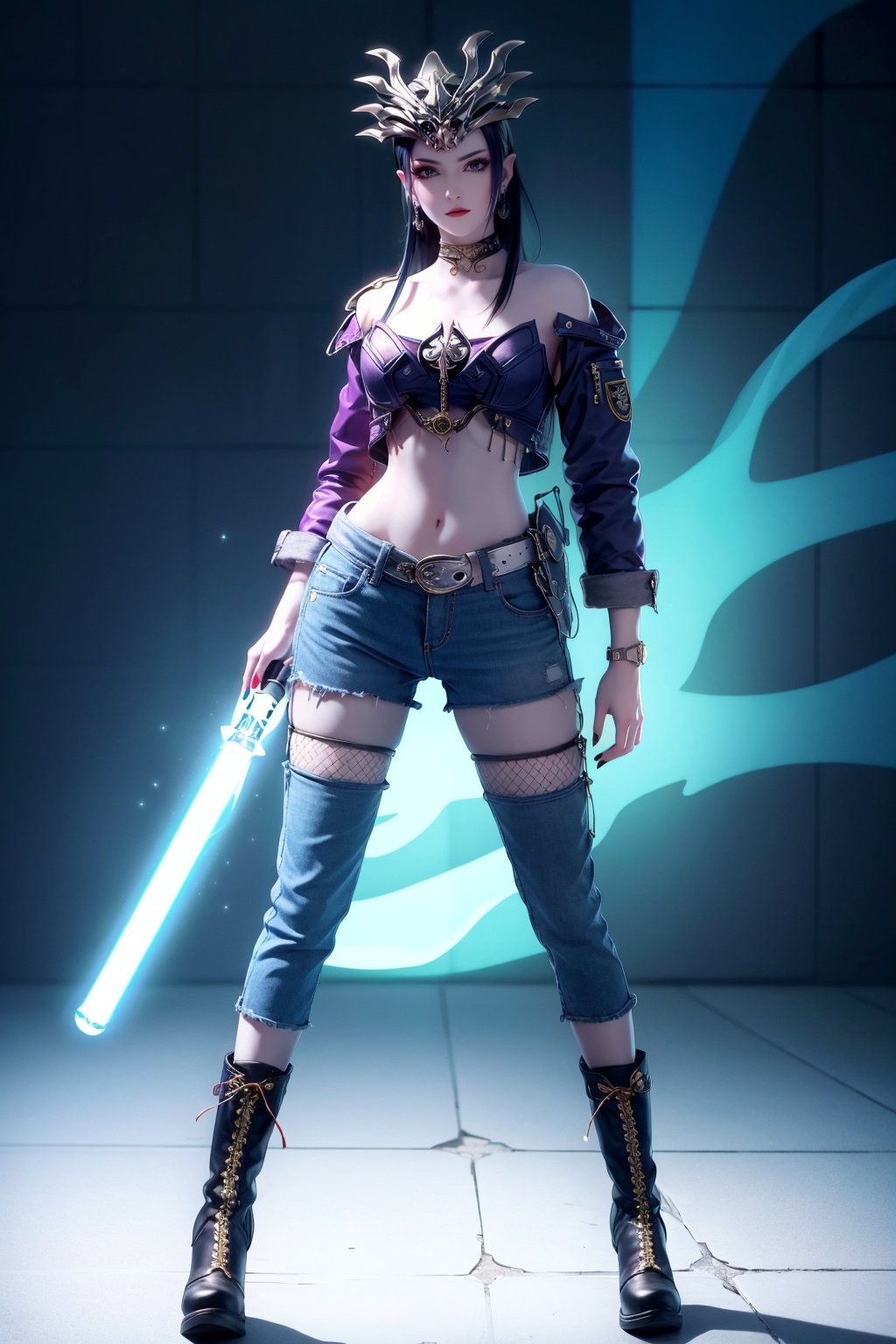 1girl, solo, navel, tattoo, jacket, midriff, belt, pants, holding, lightsaber, boots, energy sword, blue jacket, looking at viewer, full body, jewelry, standing, earrings, multicolored hair, off shoulder, black hair, denim jacket, nail polish, crop top, black footwear, fishnets, bare shoulders, shorts,jyy-hd,yx-hd,mxt-hd,mds-hd,xwhd