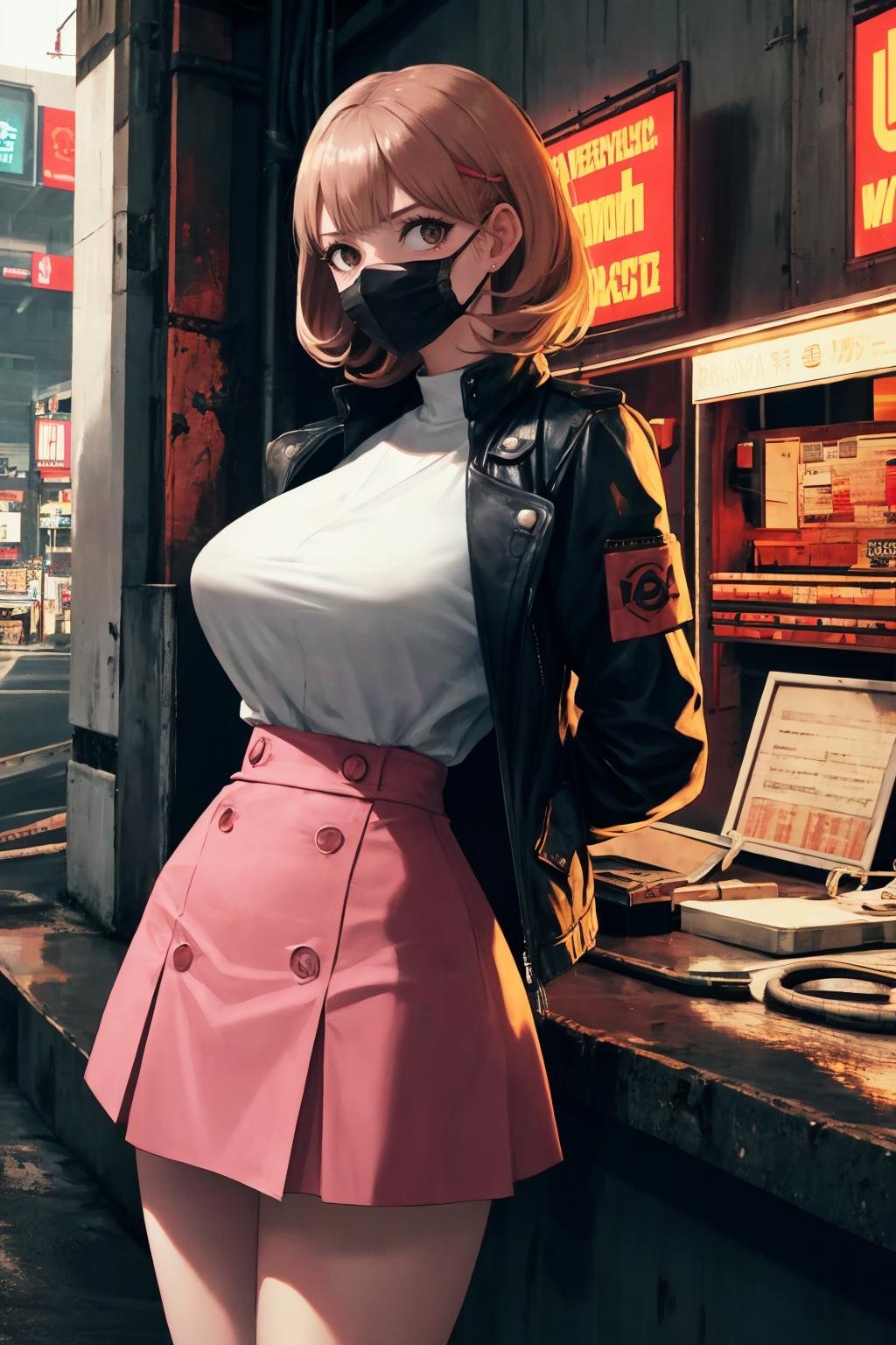 masterpiece, best quality, 1girl, solo, looking at viewer, standing, <lora:ryoukanarusawa-on-richy-v1:1> ryoukarnd, pink skirt, high-waist skirt, large breasts, cyberpunk, bodysuit, (mecha:0.7), oldschool, retro, cables, wires, dystopian, concrete, jacket, storm, fog, market stall, rebar, arms behind back, science fiction, cyber wear, mouth mask