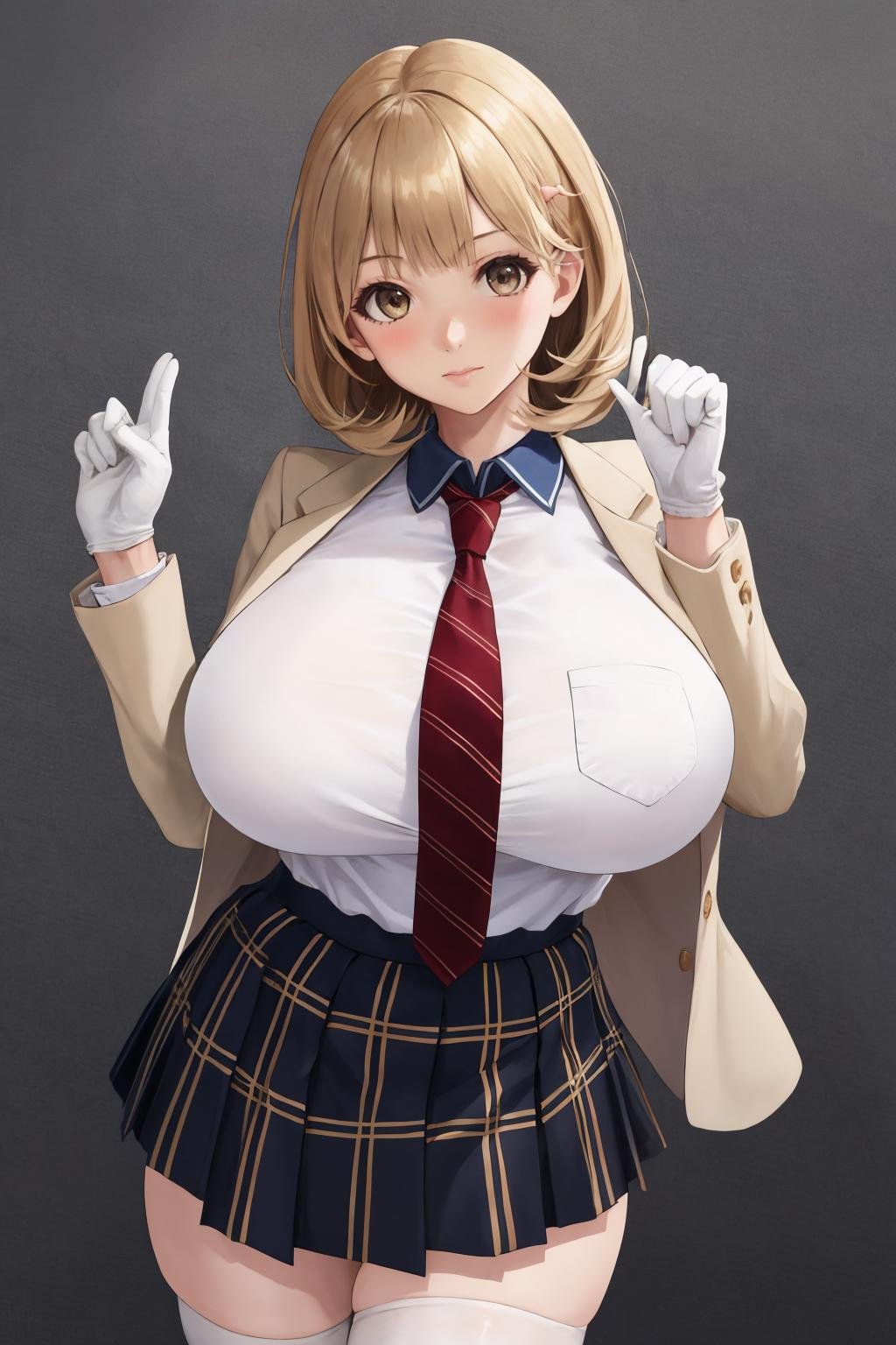 masterpiece, best quality, 1girl, solo, looking at viewer, <lora:ryoukanarusawa-on-richy-v1:1> ryoukaschool, necktie, skirt, white thighhighs, white gloves, huge breasts