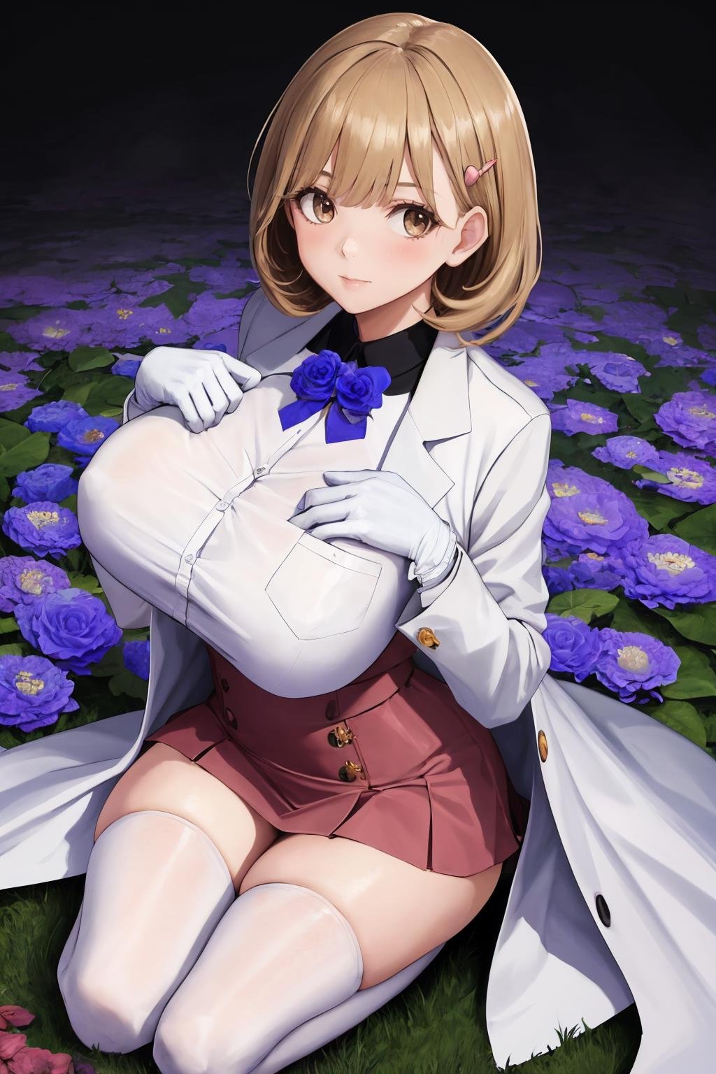 masterpiece, best quality, 1girl, solo, looking at viewer, <lora:ryoukanarusawa-on-richy-v1:1> ryoukadef, huge breasts, labcoat, white thighhighs, white gloves, pink skirt, high-waist skirt, corsage, blue flower corsage