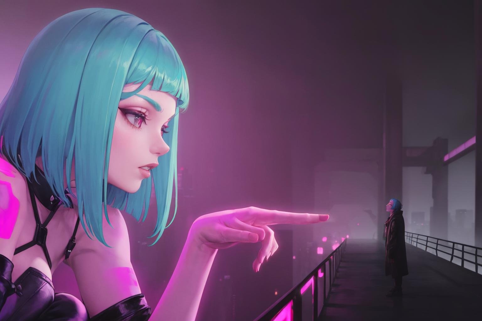 masterpiece, best quality,  <lora:youlooklonely-meme-richy-v1:1> youlooklonely, pointing, from side, looking at another, dark, fog, city, playing with own hair, hologram, 1girl, blue hair, short hair, blunt bangs, colored skin, neon lights